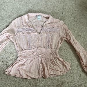 American Rag Laced Trim Top Long Sleeve Button Front Rose Smoke S